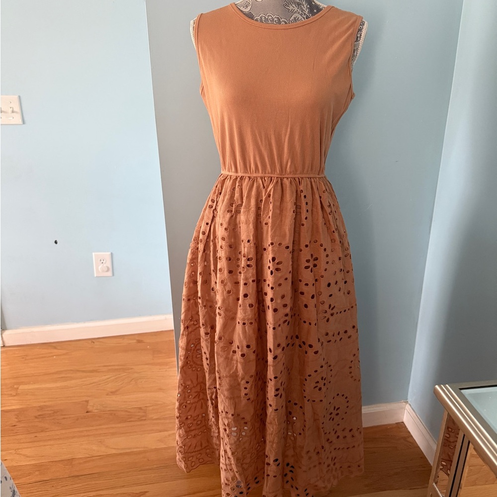 Sleeveless Eyelet Midi Dress in Rustic Tan